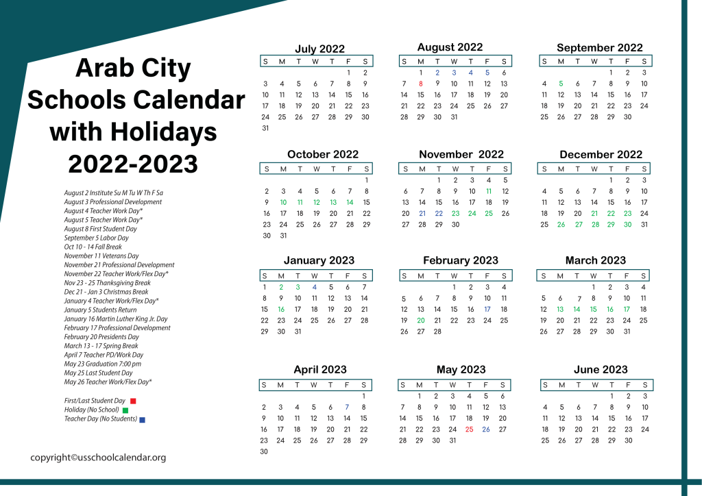 Arab City Schools Calendar with Holidays 2022-2023 3