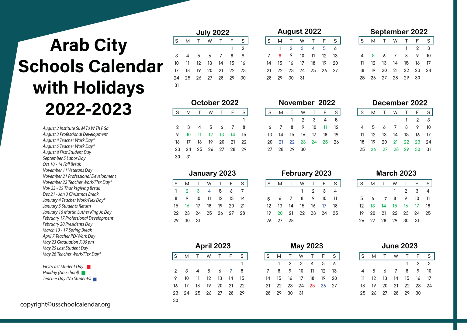 Arab City Schools Calendar with Holidays 20222023