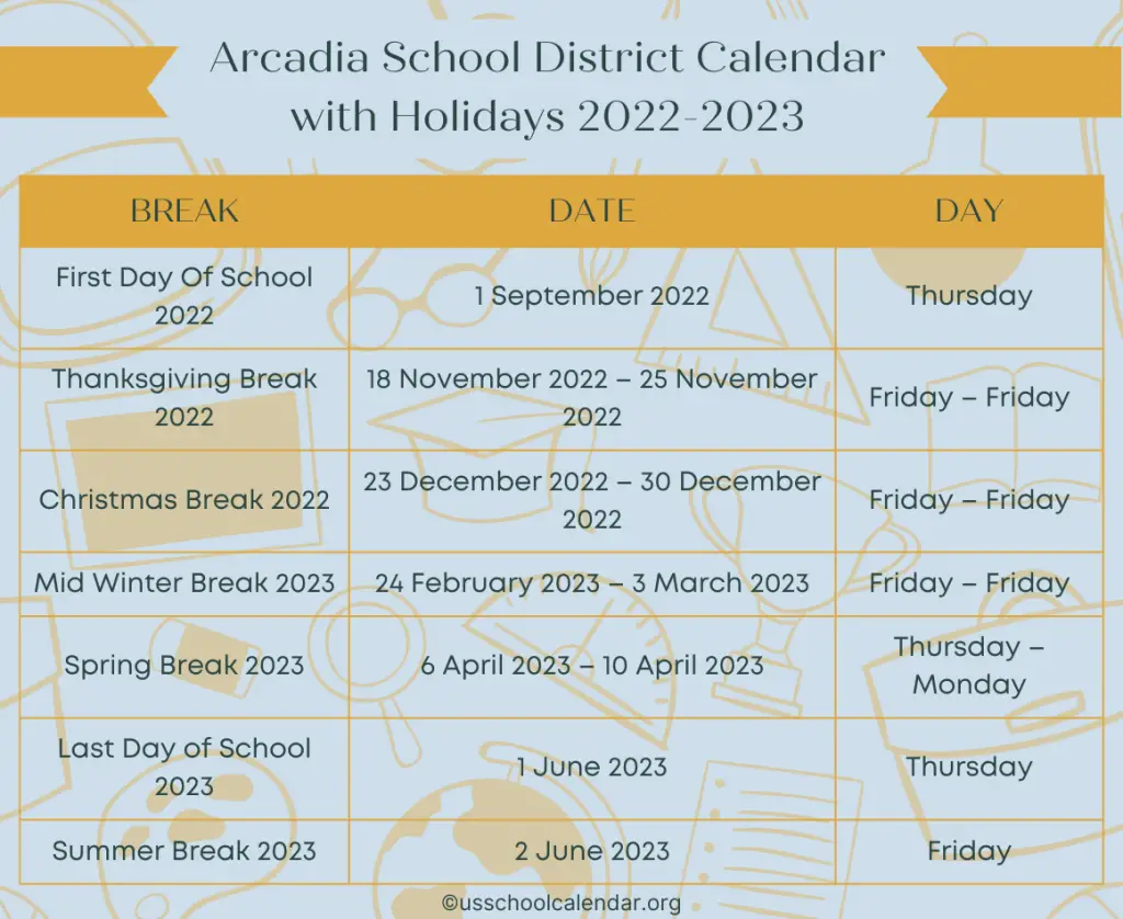 Arcadia School District Calendar with Holidays 2022-2023