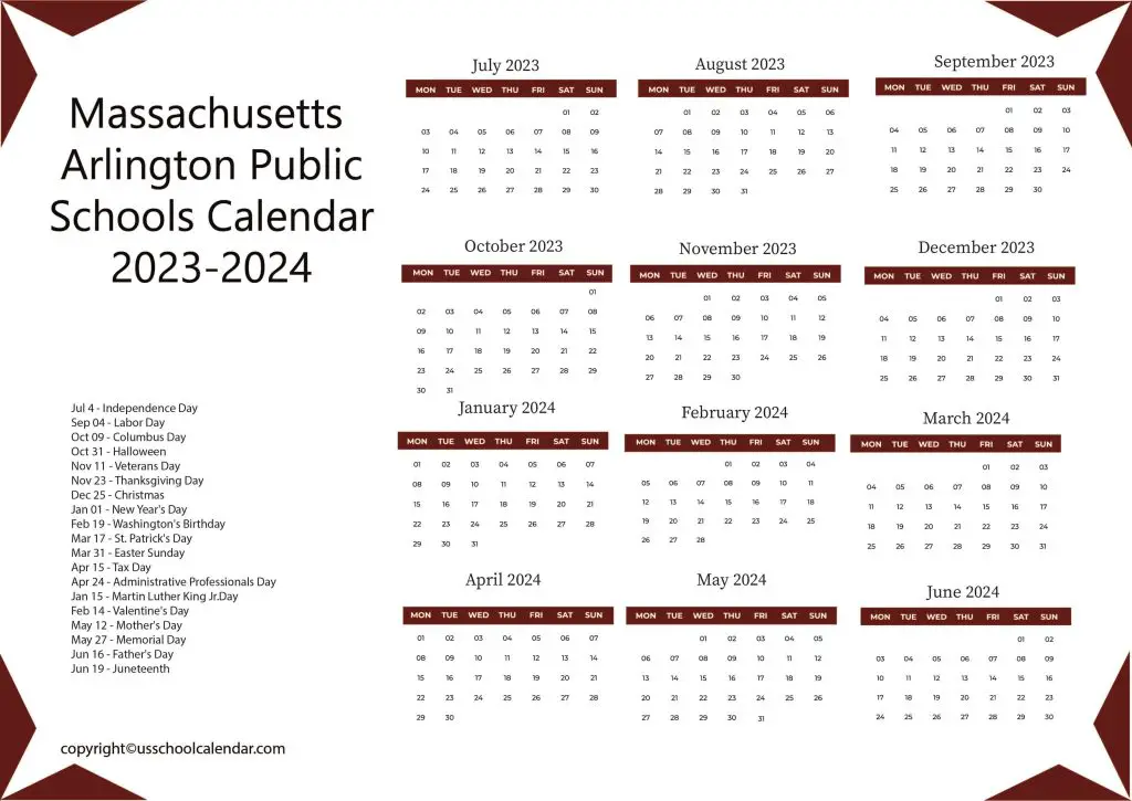 Arlington Massachusetts Public Schools Calendar