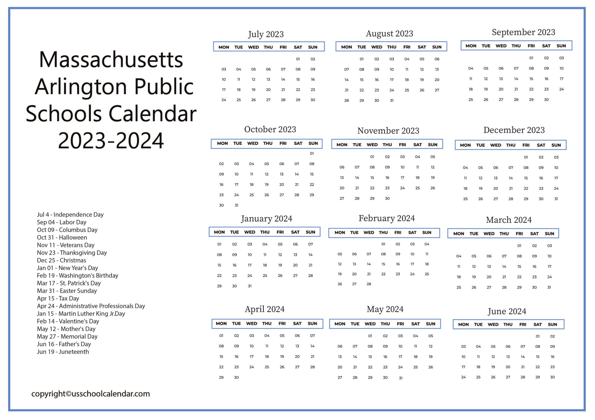 Massachusetts Arlington Public Schools Calendar 20232024