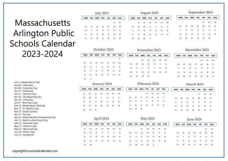 Massachusetts Arlington Public Schools Calendar 20232024