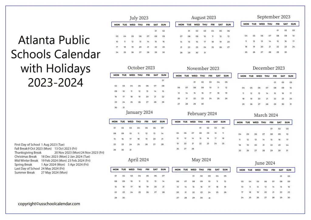 Atlanta Public School Calendar