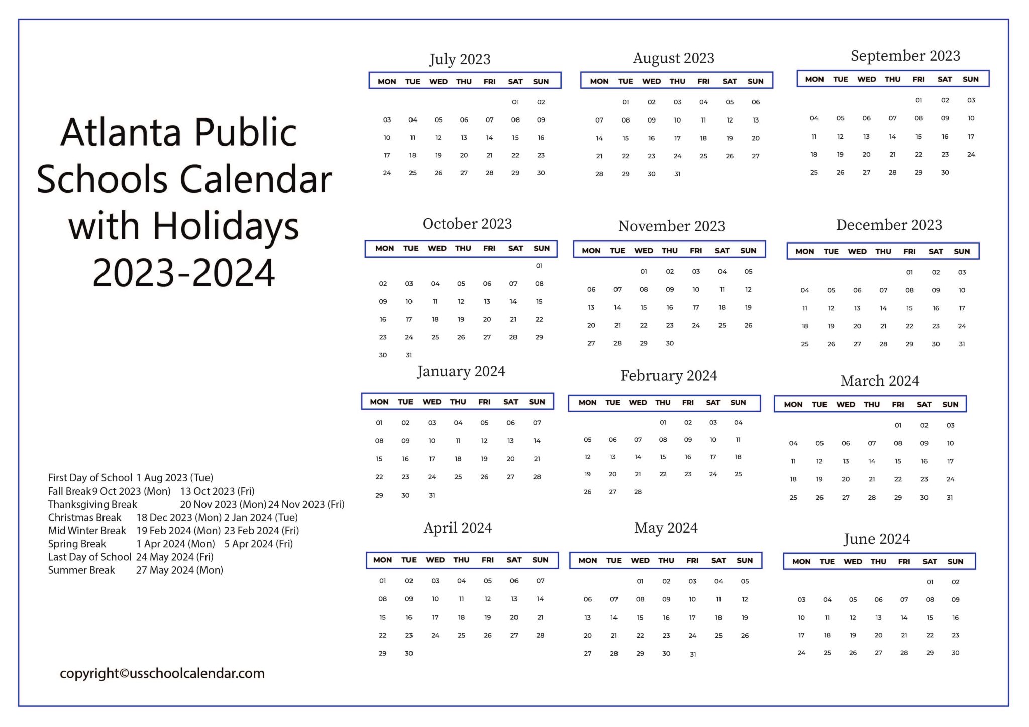 Atlanta Public Schools Calendar with Holidays 20232024