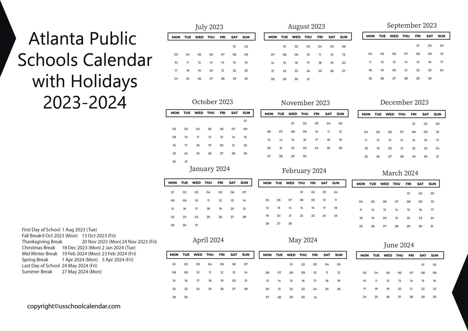 Atlanta Public Schools Calendar with Holidays 20232024