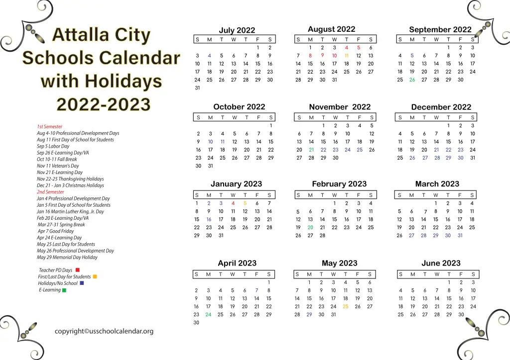 Attalla City Schools Calendar with Holidays 2022-2023