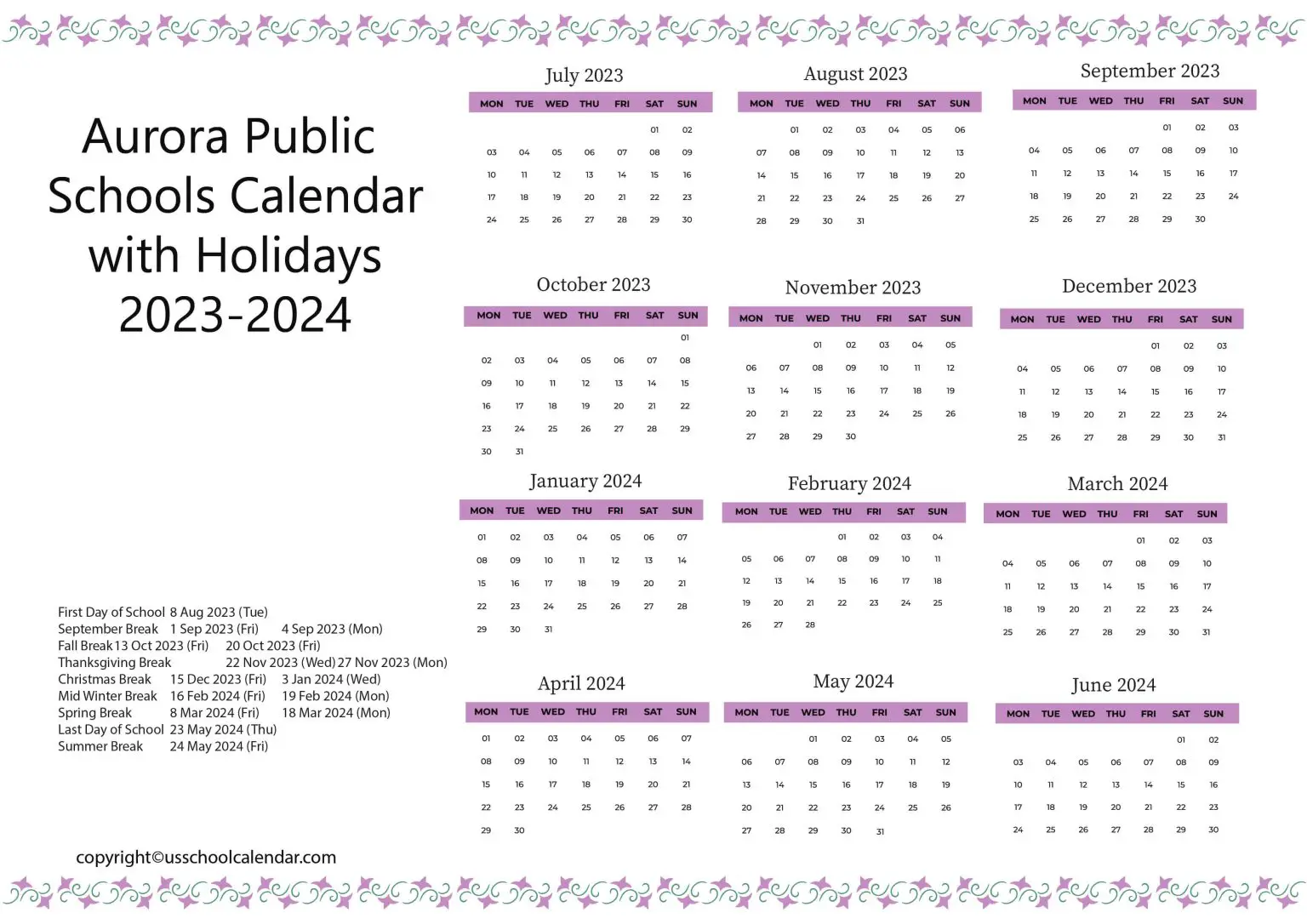 Aurora Public Schools Calendar with Holidays 2023 2024