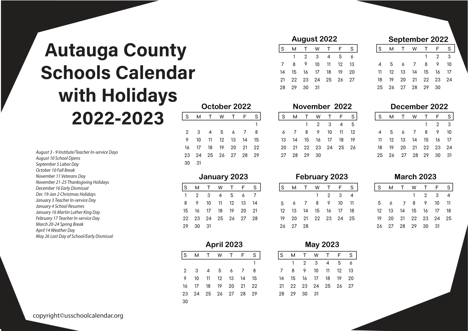 Autauga County Schools Calendar with Holidays 20222023