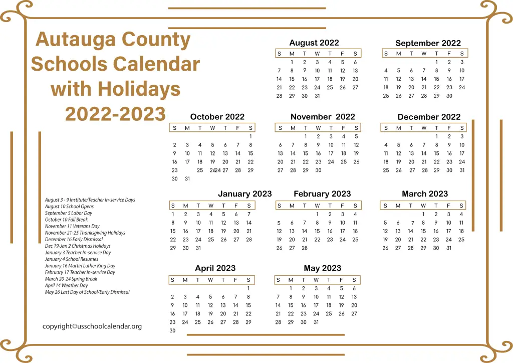 Autauga County Schools Calendar with Holidays 2022-2023 2