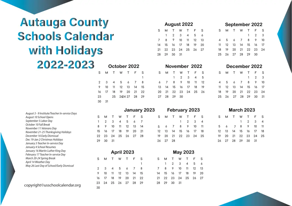 Autauga County Schools Calendar with Holidays 2022-2023 3