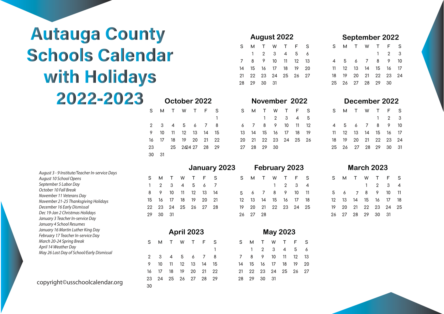 Autauga County Schools Calendar with Holidays 20222023