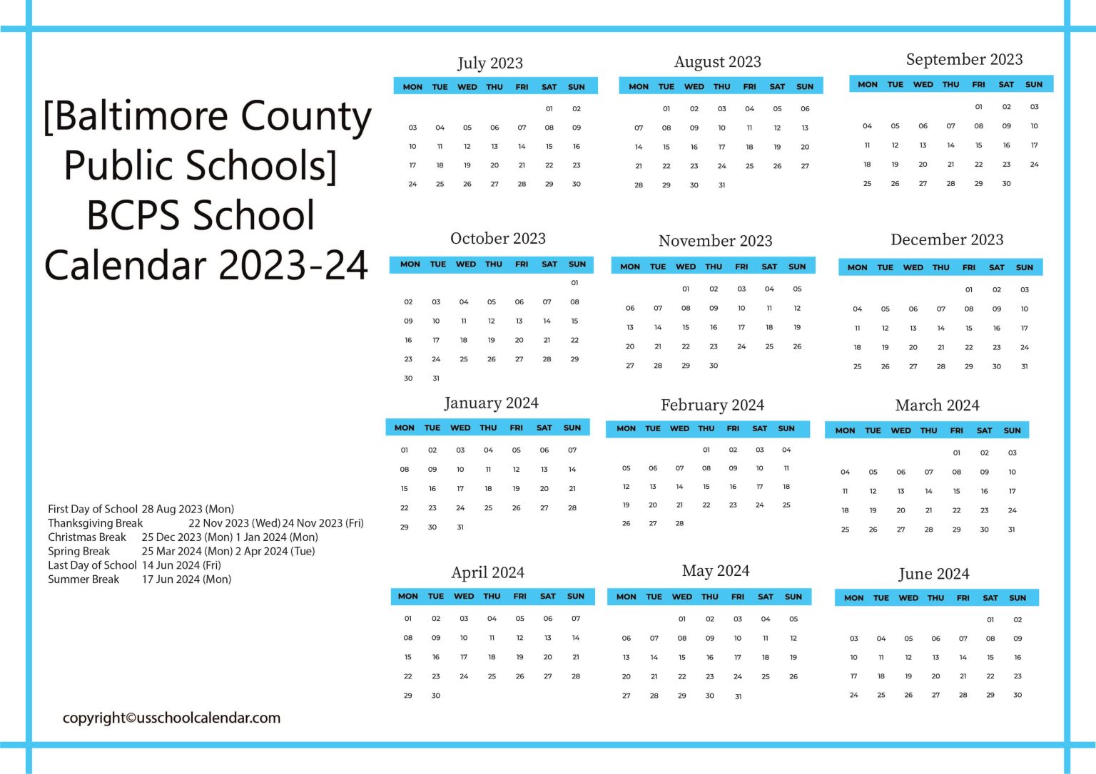 [Baltimore County Public Schools] BCPS School Calendar 202324