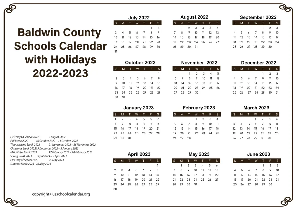 Baldwin County Schools Calendar with Holidays 2022-2023