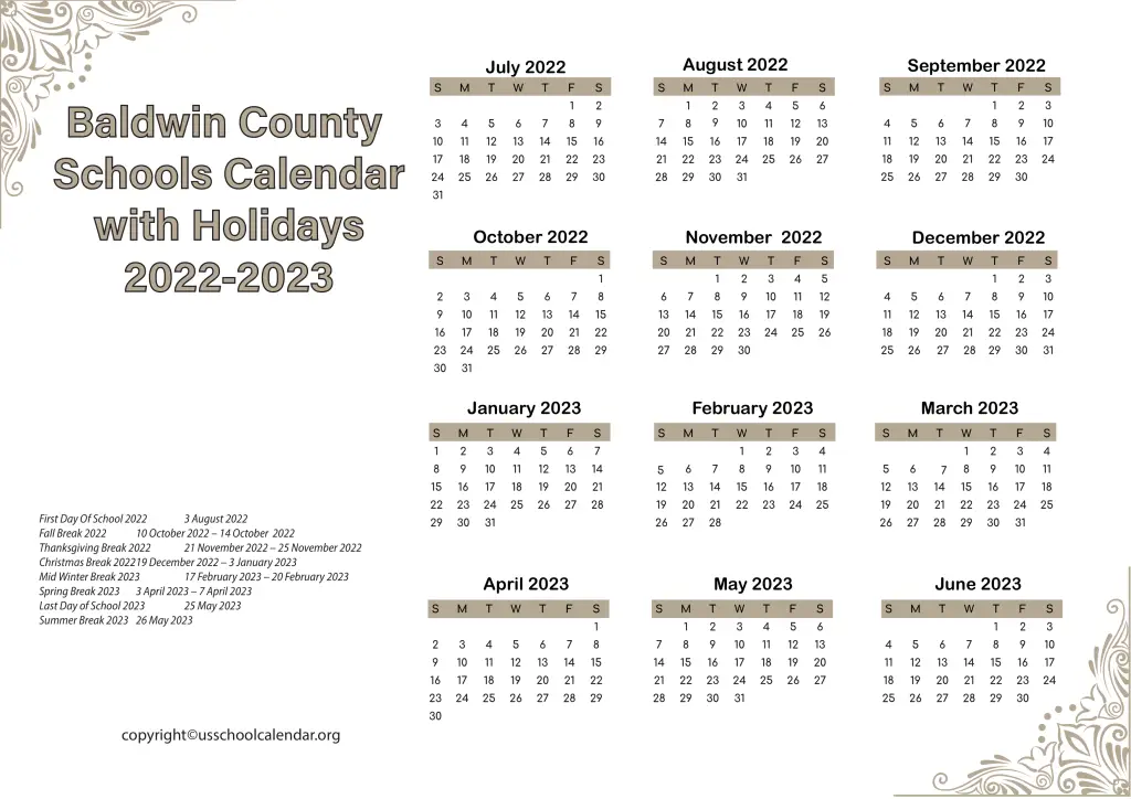 Baldwin County Schools Calendar with Holidays 2022-2023 2