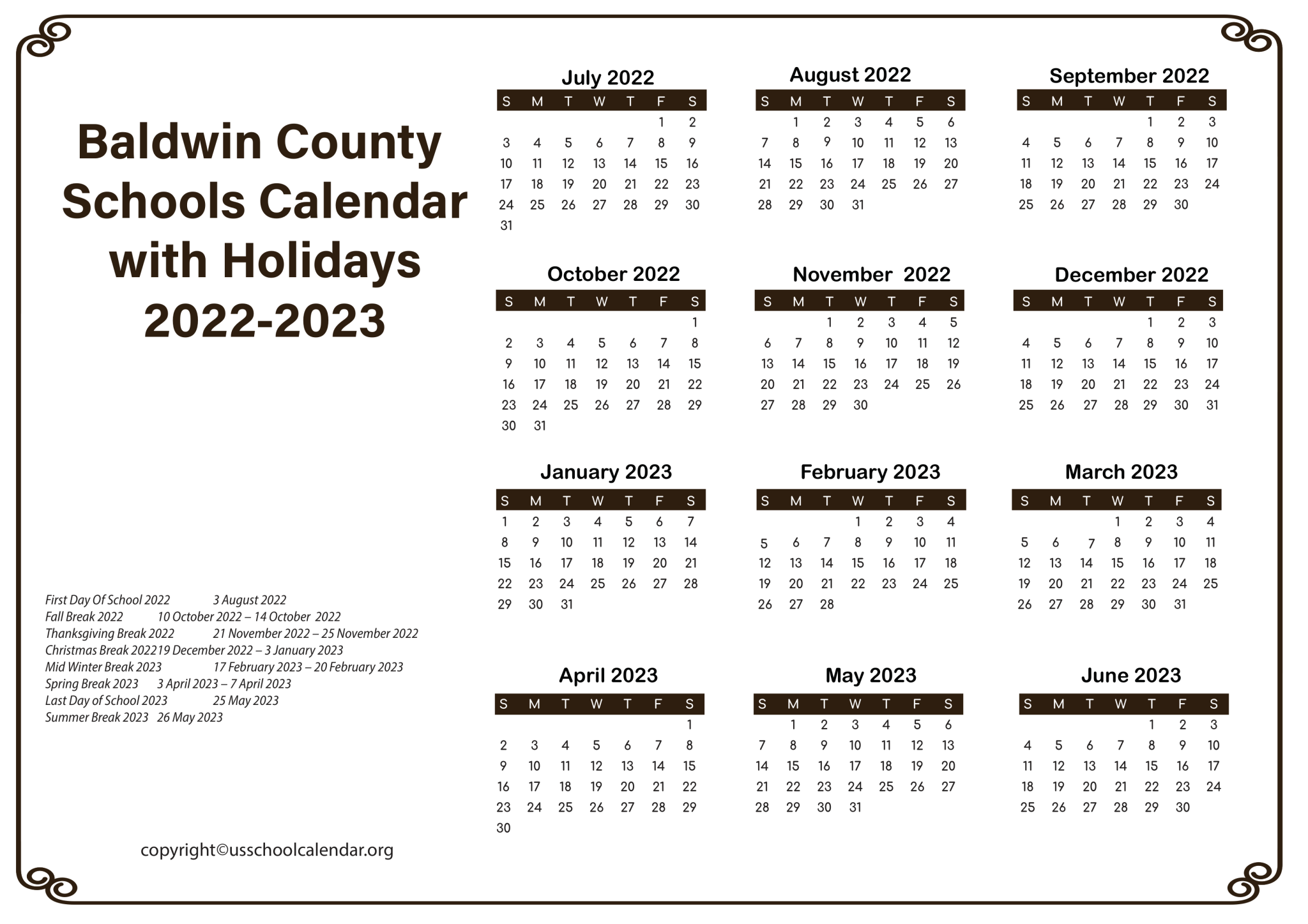 Baldwin County Schools Calendar with Holidays 20222023