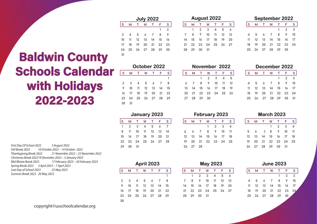 Baldwin County Schools Calendar with Holidays 2022-2023 3