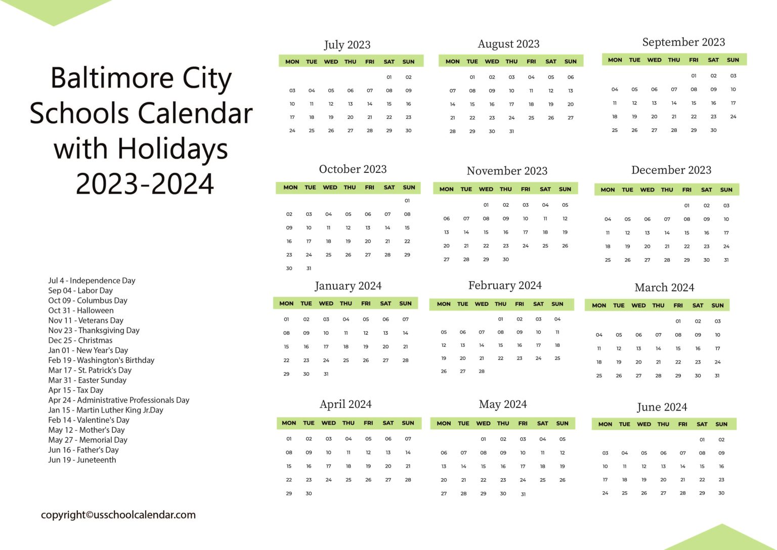 Baltimore City Schools Calendar with Holidays 20232024