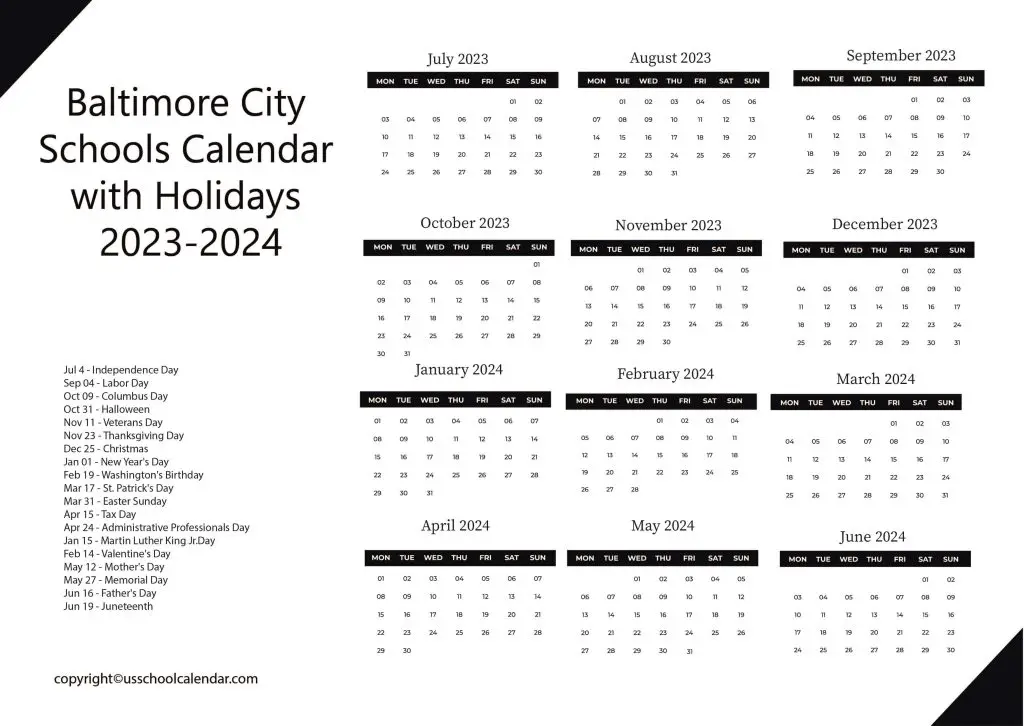 Baltimore City School District Calendar
