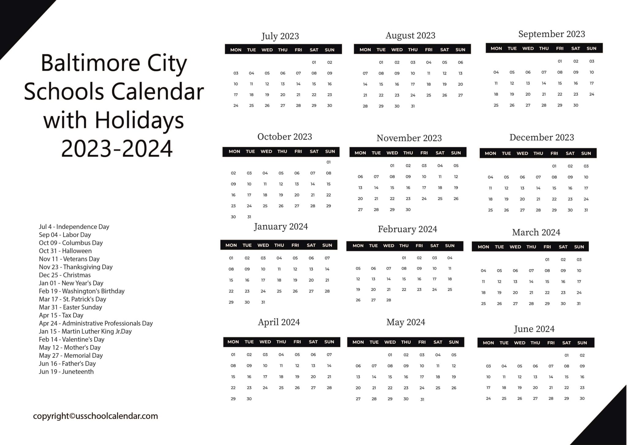 Baltimore City Schools Calendar with Holidays 20232024