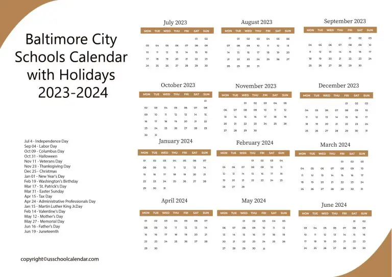 Baltimore City Schools Calendar with Holidays 20232024