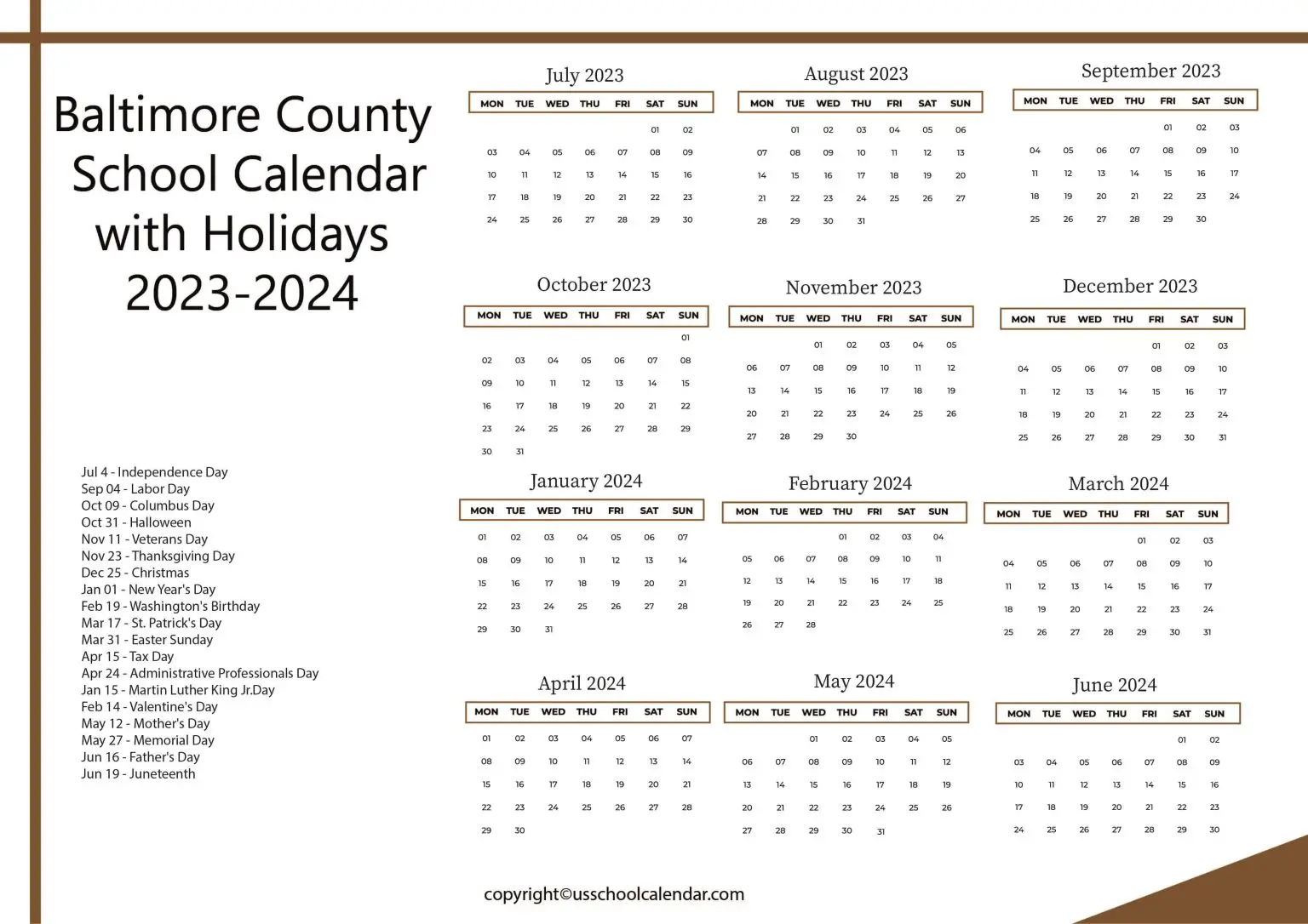 Baltimore County School Calendar with Holidays 20232024