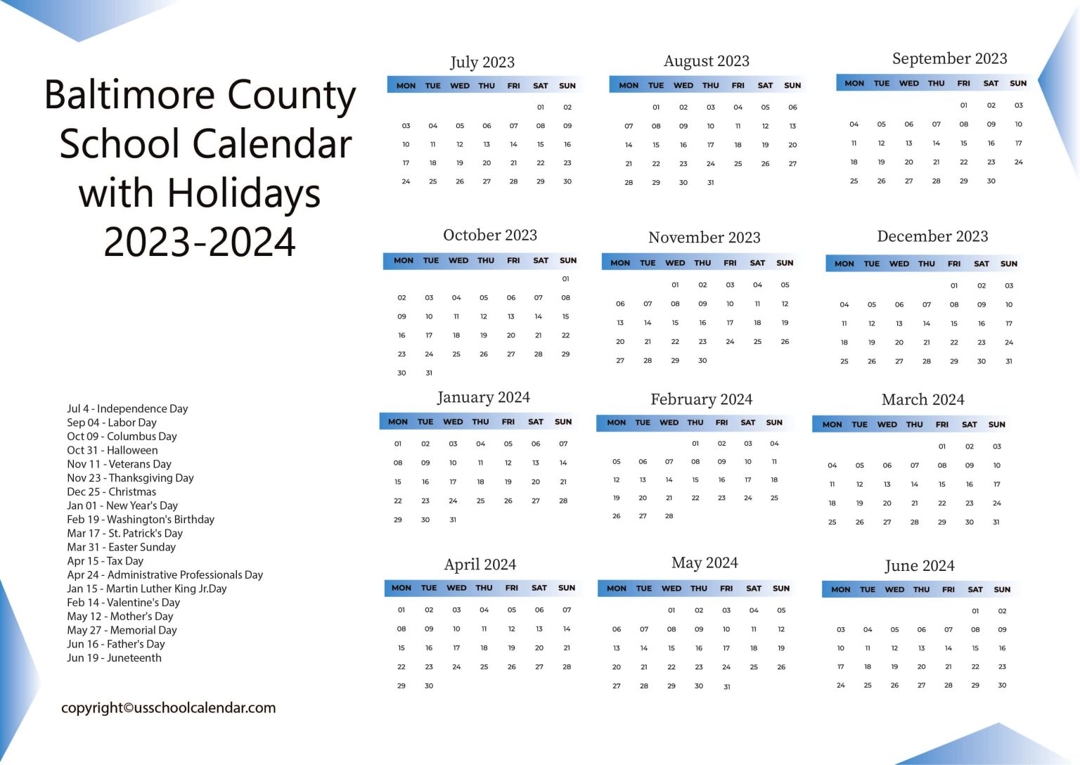 Baltimore County School Calendar with Holidays 20232024