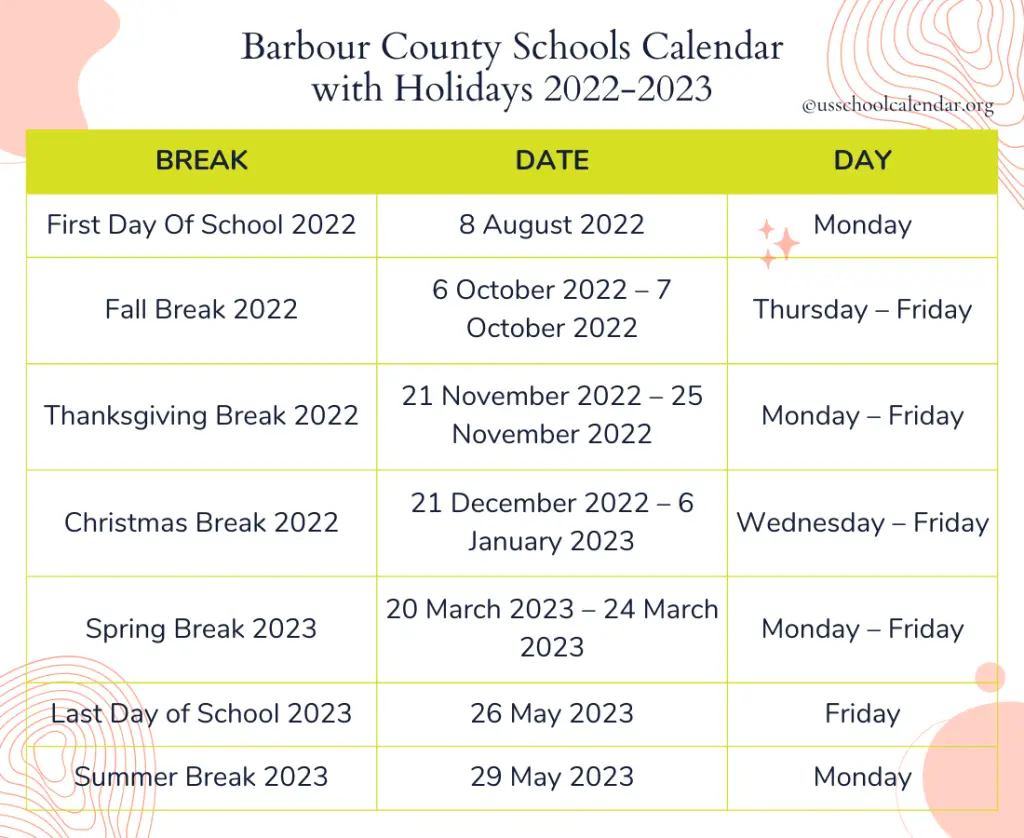 Barbour County Schools Calendar with Holidays 2022-2023