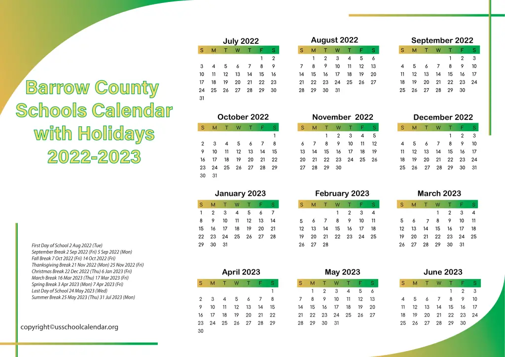 Barrow County Schools Calendar with Holidays 2022-2023