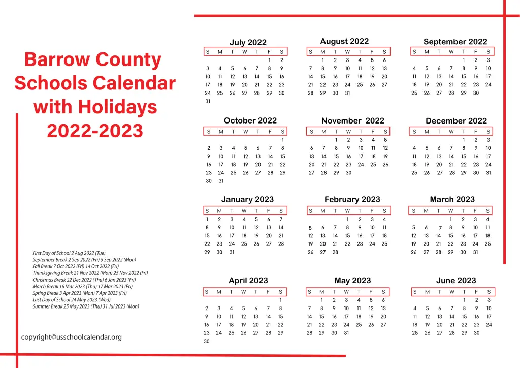 Barrow County Schools Calendar with Holidays 2022-2023 2
