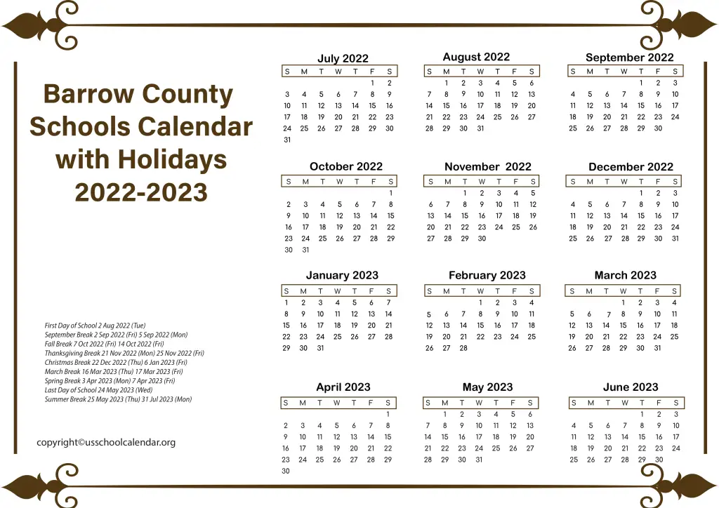 Barrow County Schools Calendar with Holidays 2022-2023 3