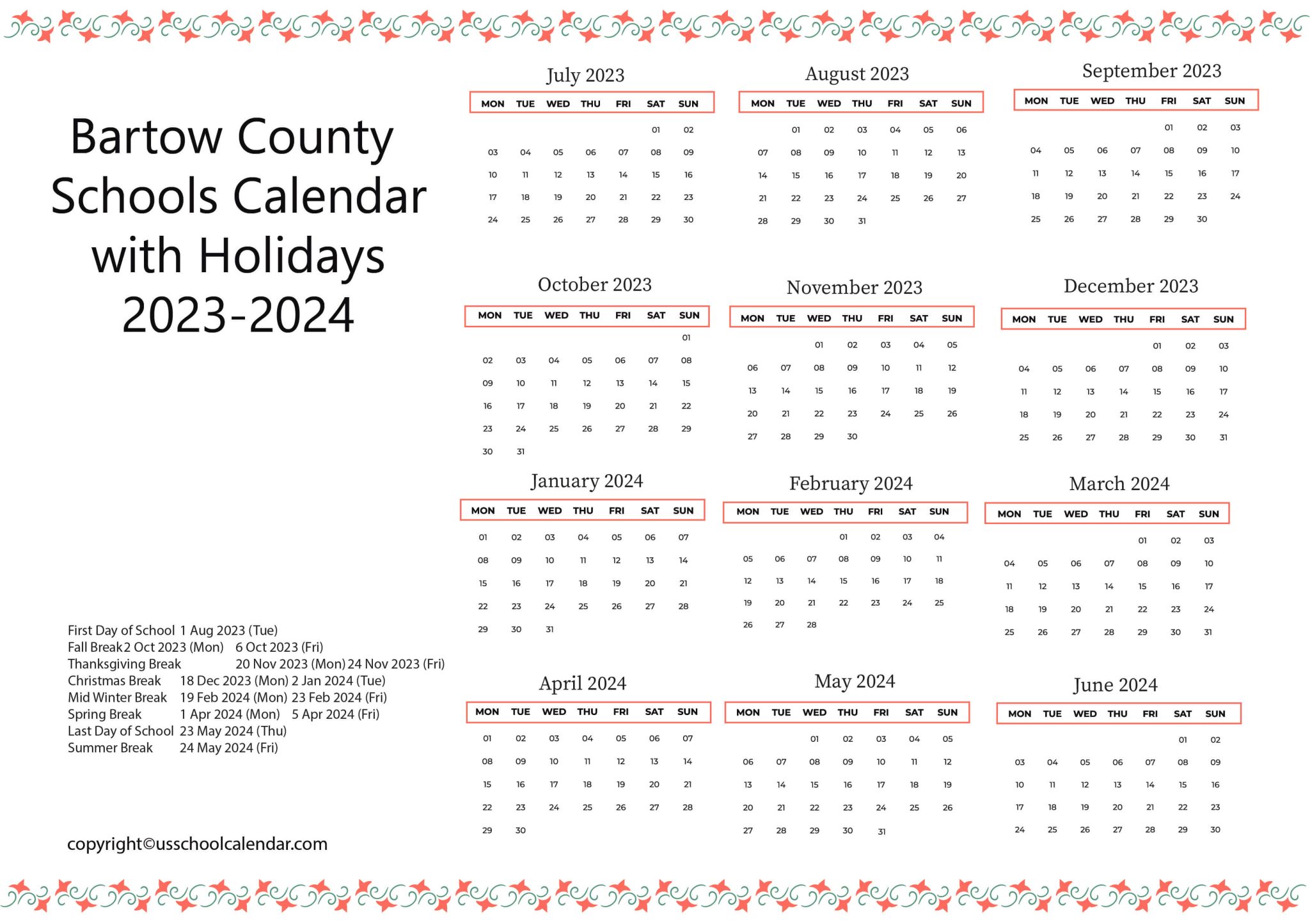 Bartow County Schools Calendar with Holidays 20232024