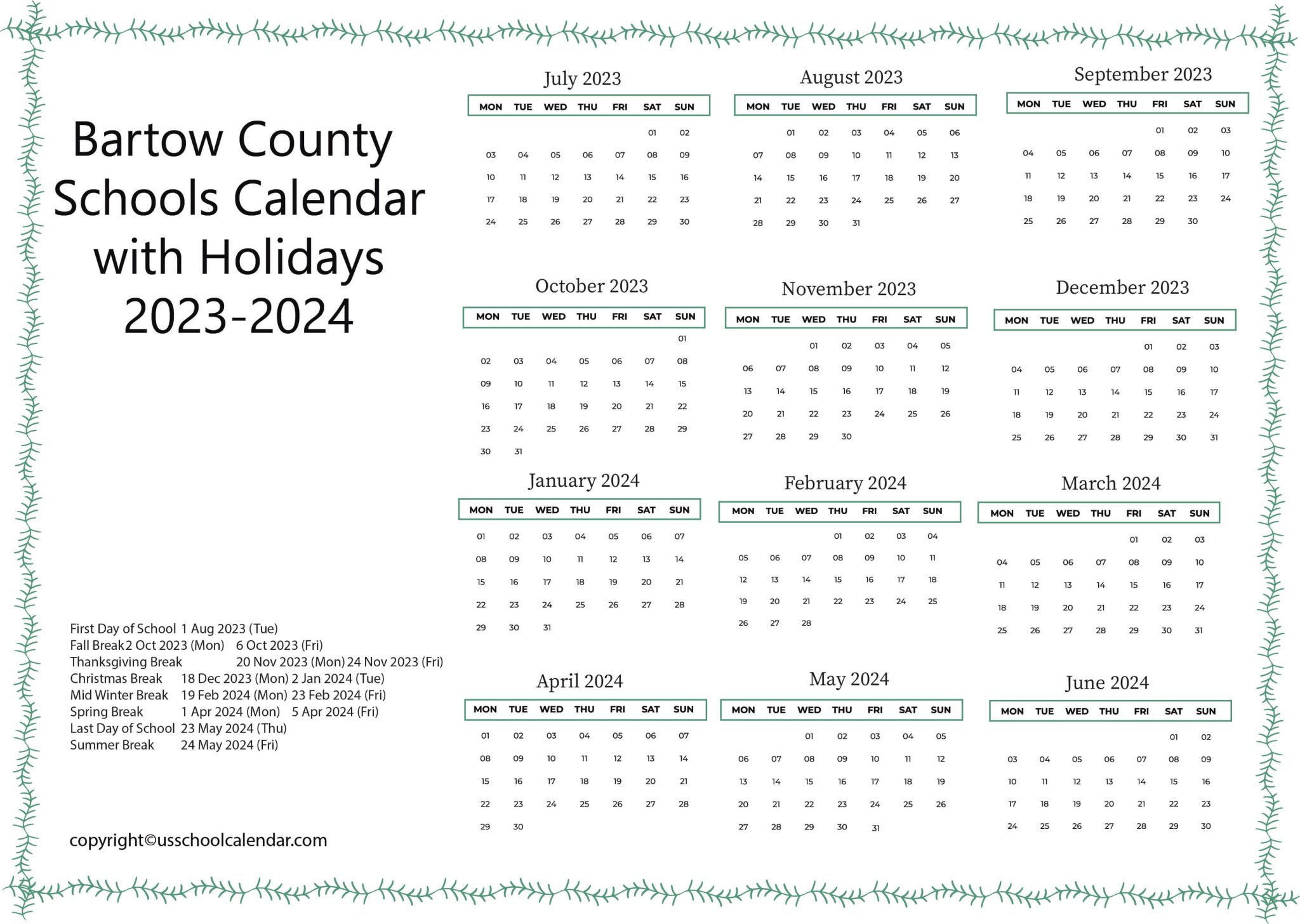 Bartow County Schools Calendar with Holidays 20232024