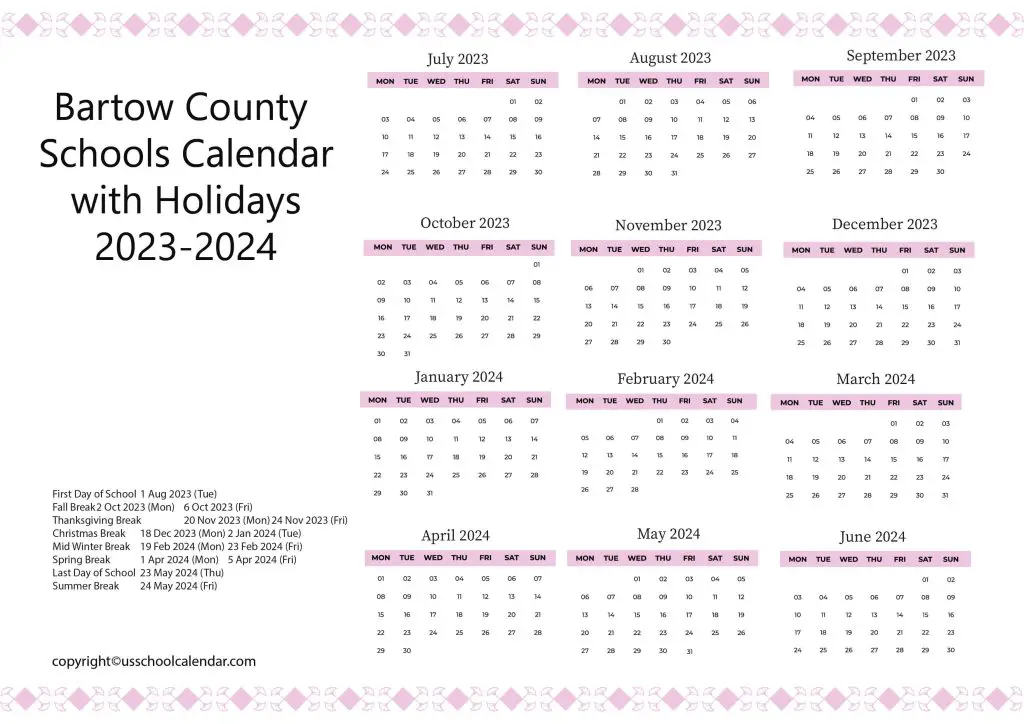 Bartow County Schools District Calendar