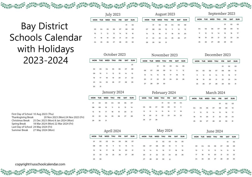 Bay County District School Calendar