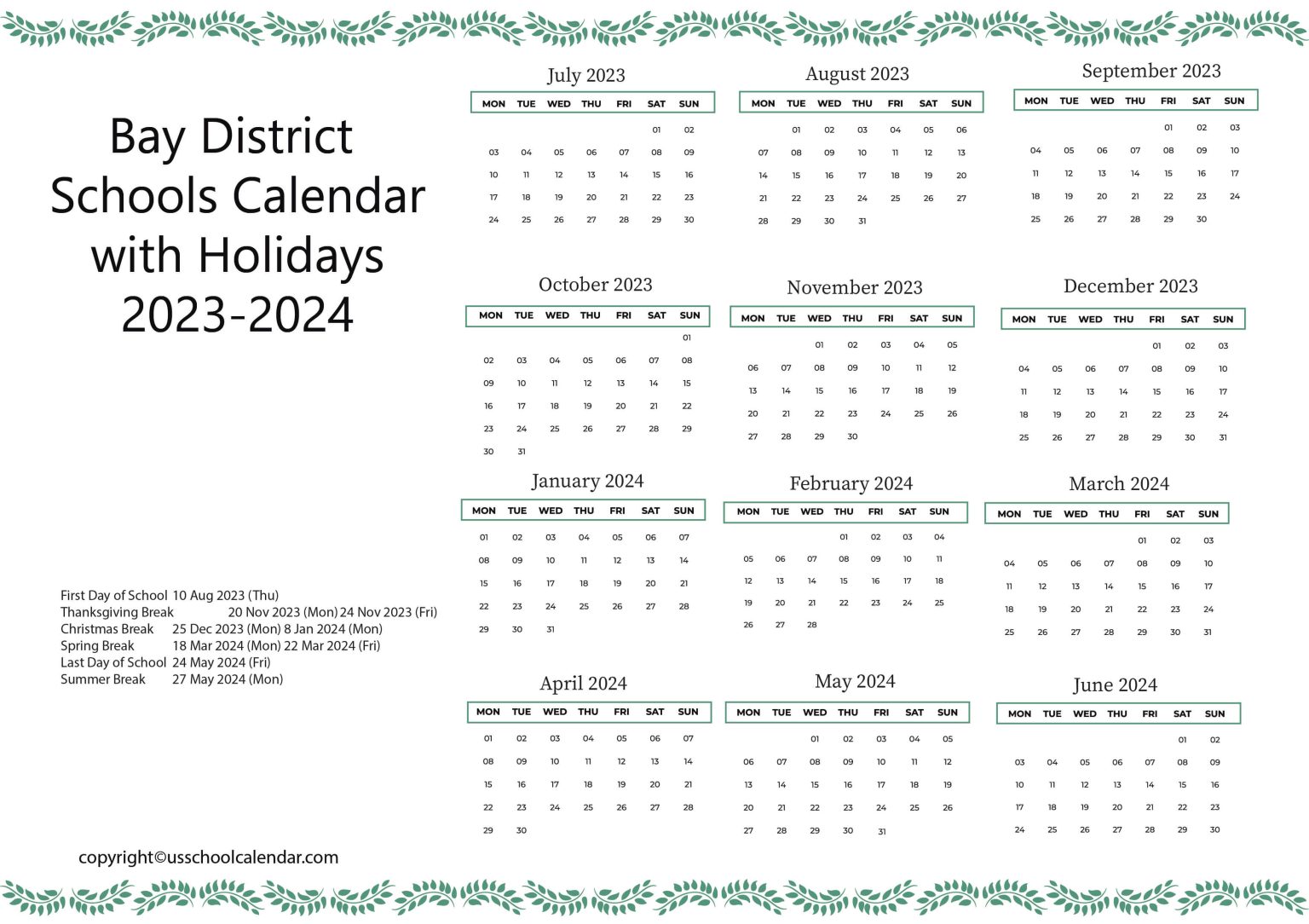 Bay District Schools Calendar with Holidays 20232024