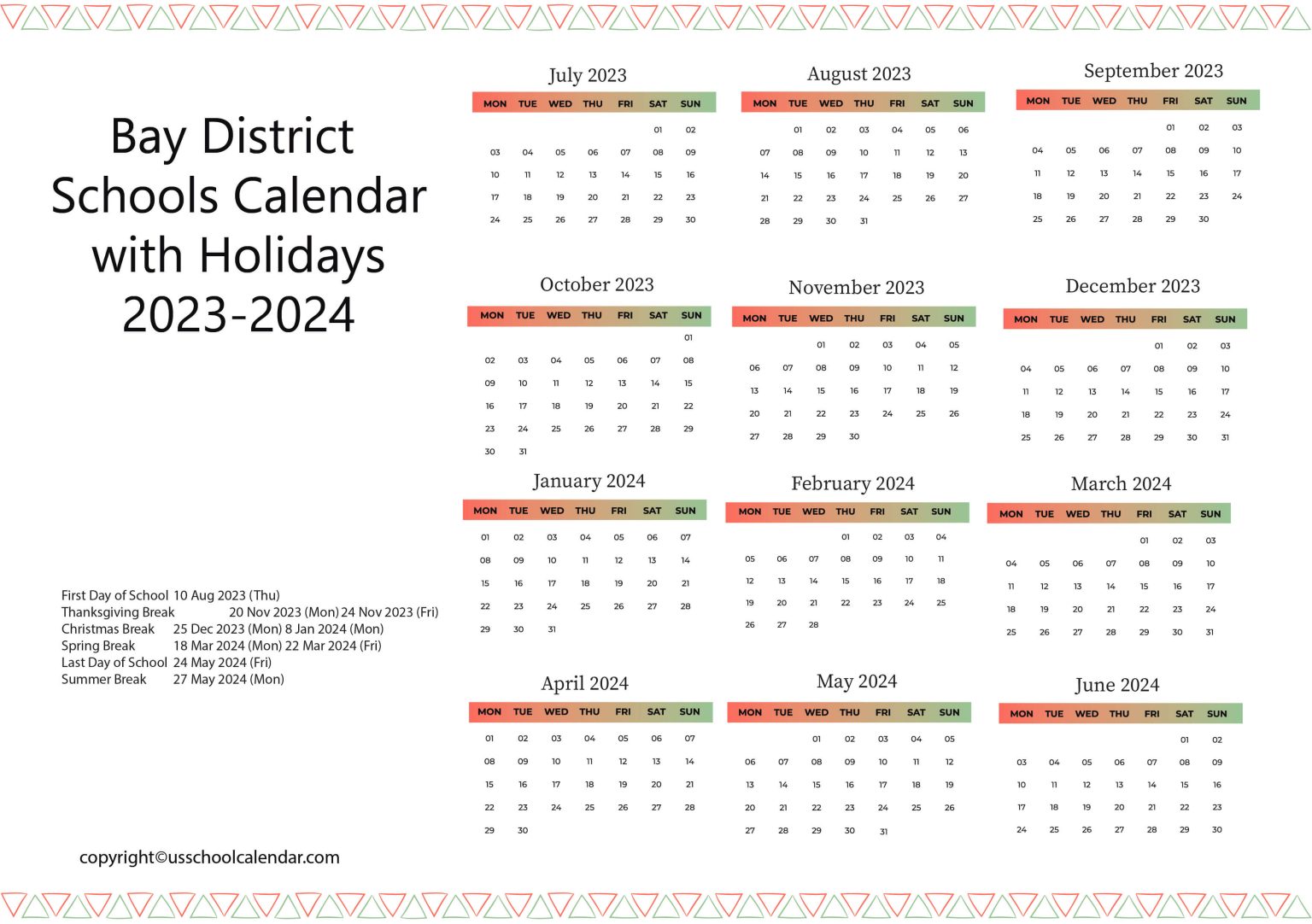 Bay District Schools Calendar with Holidays 20232024