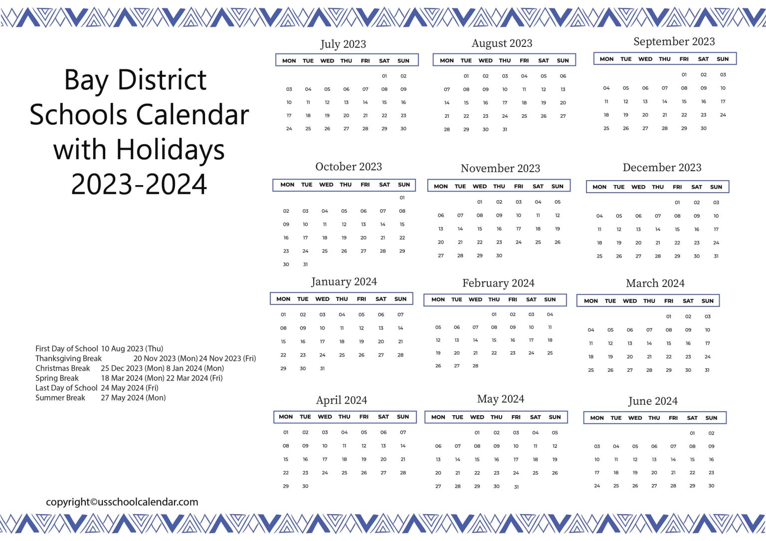 Bay District Schools Calendar with Holidays 2023 2024