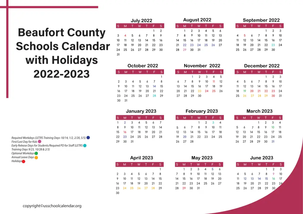 Beaufort County Schools Calendar with Holidays 2022-2023