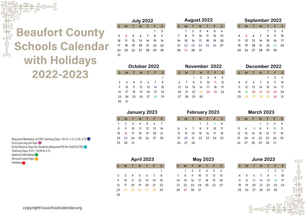Beaufort County Schools Calendar with Holidays 2022-2023 2