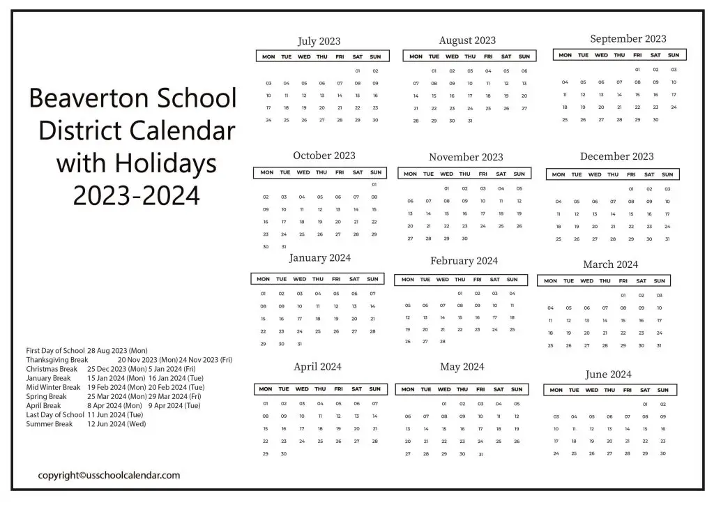 Beaverton School District Calendar With Holidays 2023 2024