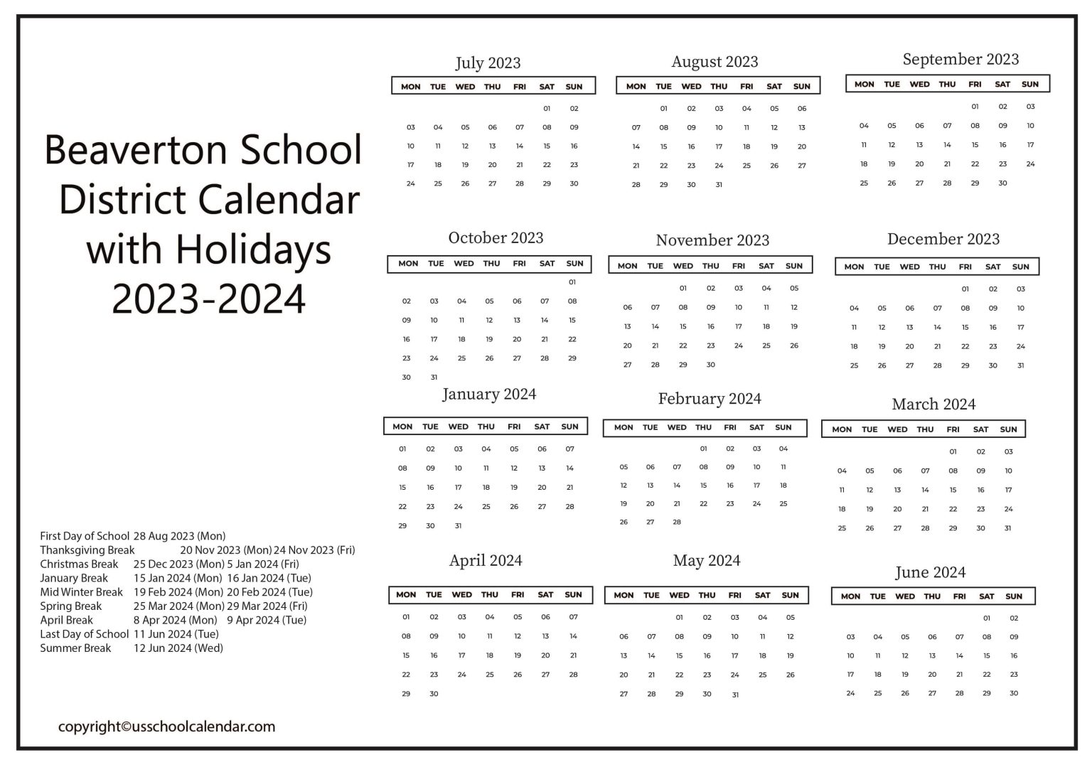 Beaverton School District Calendar With Holidays 2023 2024   Beaverton Oregon School District Calendar 1536x1086 