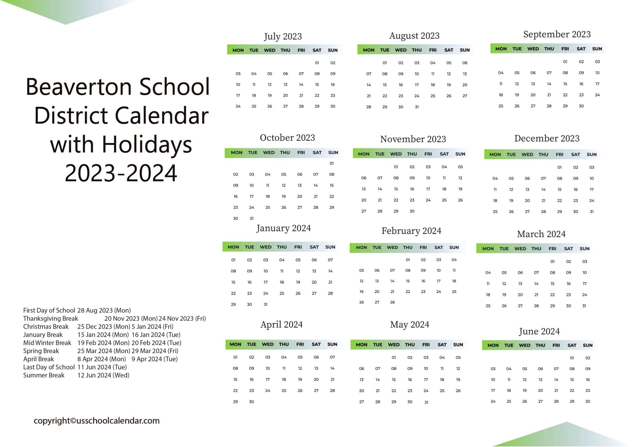 Beaverton School District Calendar with Holidays 20232024