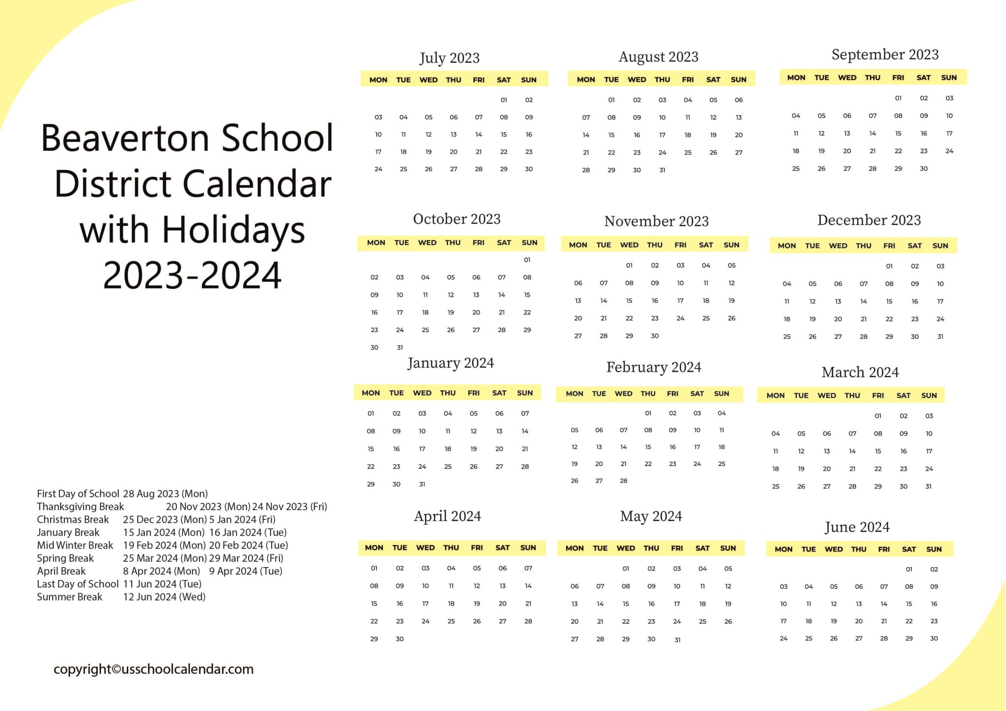 Beaverton School District Calendar with Holidays 20232024