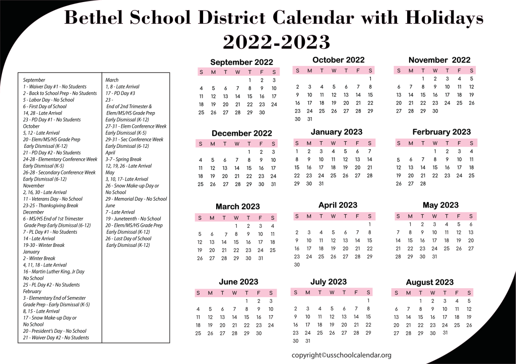 Bethel School District Calendar US School Calendar
