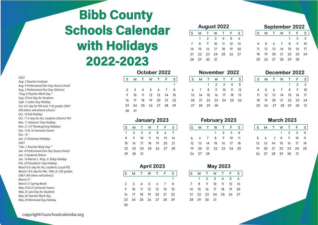 Bibb County Schools Calendar with Holidays 2022-2023
