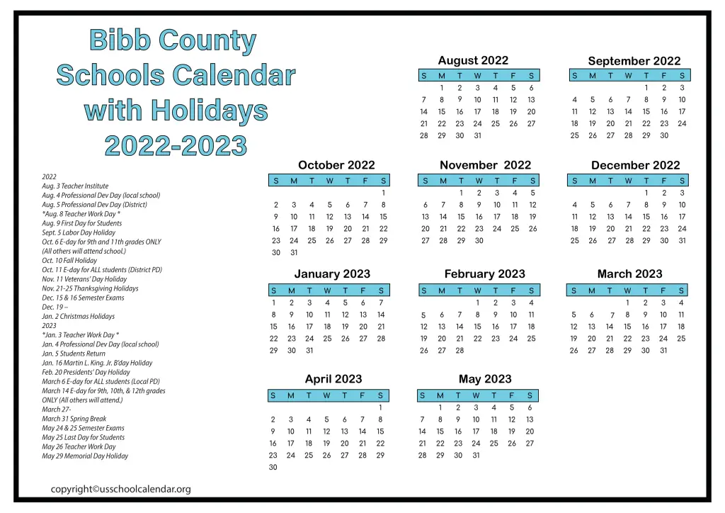 Bibb County Schools Calendar with Holidays 2022-2023 2
