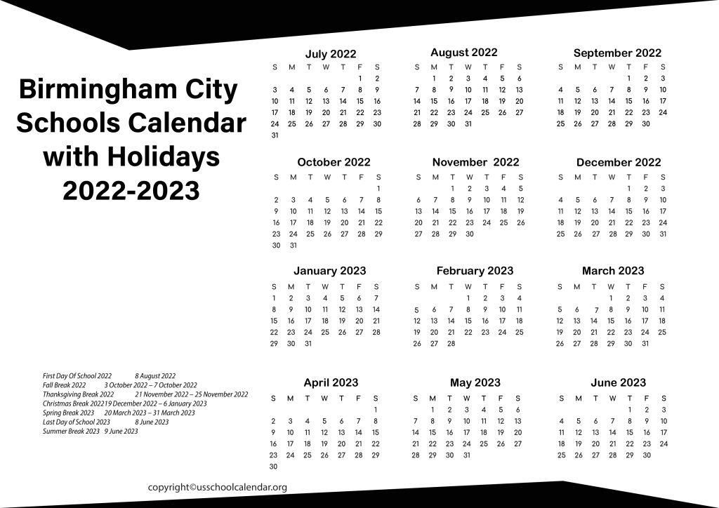 Birmingham City Schools Calendar with Holidays 2022-2023
