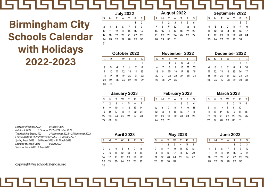 Birmingham City Schools Calendar with Holidays 2022-2023 2