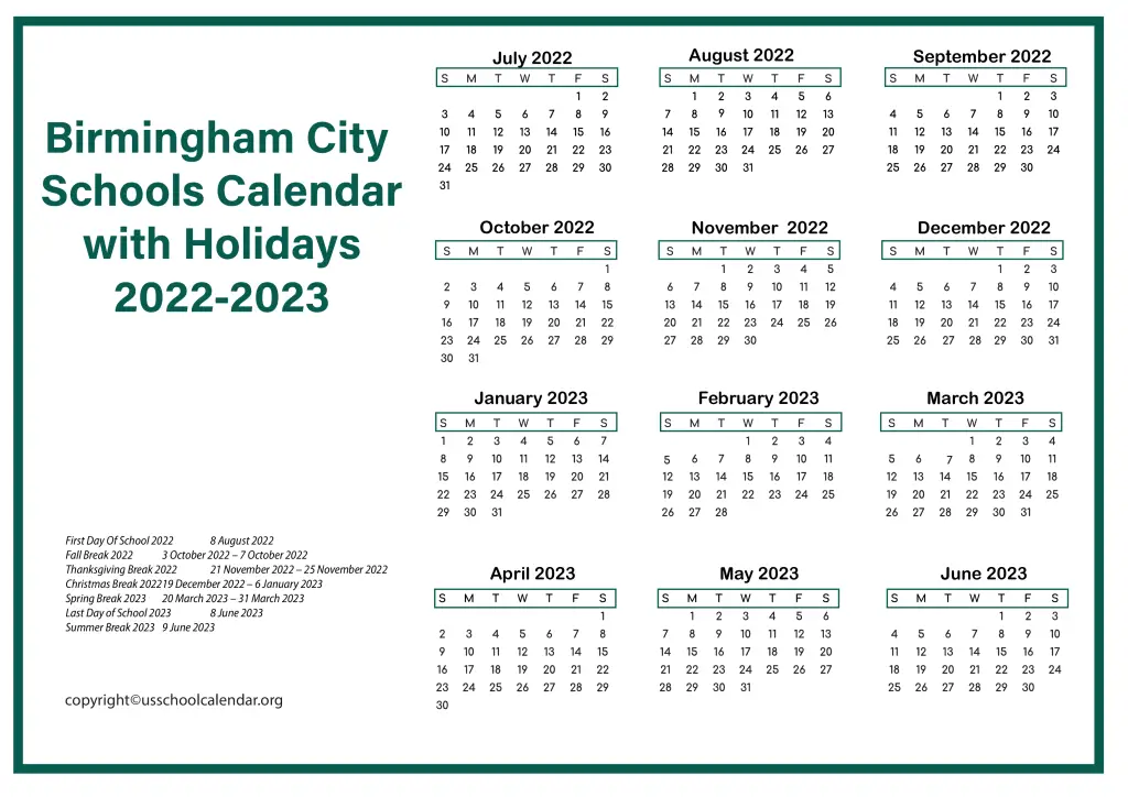 Birmingham City Schools Calendar with Holidays 2022-2023 3