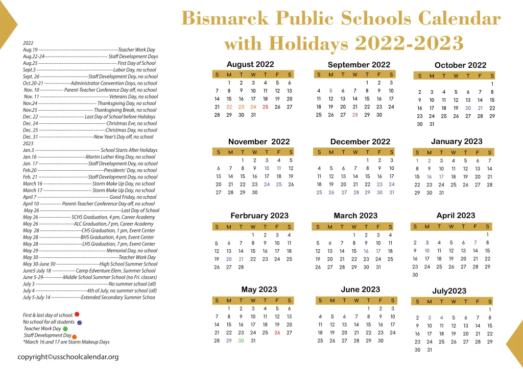Bismarck Public Schools Calendar with Holidays 2022-2023